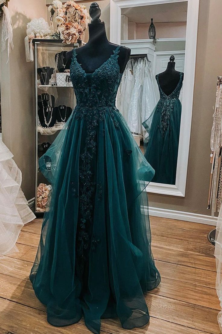 V Neck Open Back Dark Green Lace Beaded Long Prom Dresses, Dark Green Lace Formal Dresses, Dark Green Evening Dresses cg22274