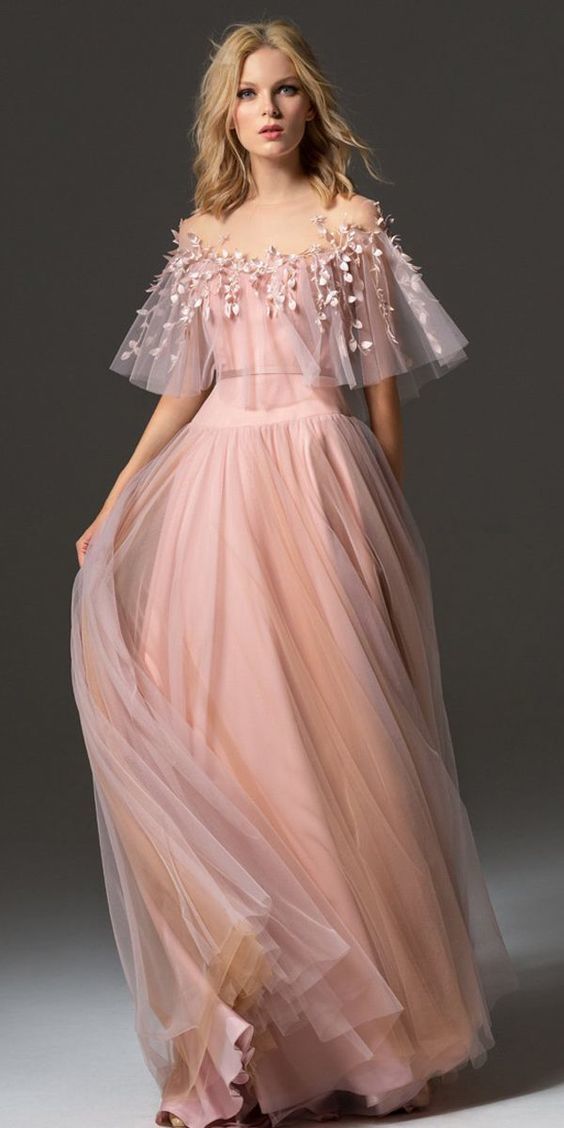 Romantic Tulle Jewel Neckline Bell Sleeves A-line Prom Dress With Handmade Flowers cg1249
