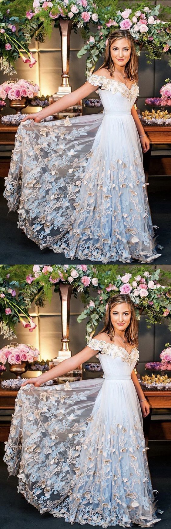 Light Blue Tulle Off The Shoulder prom Evening Gowns cg1341