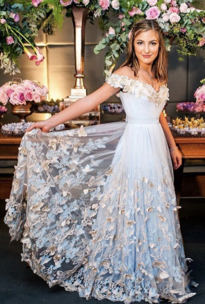 Light Blue Tulle Off The Shoulder prom Evening Gowns cg1341
