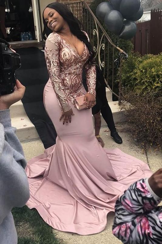 Trumpet/Mermaid V-neck Long Sleeves Satin Prom Dresses cg1343