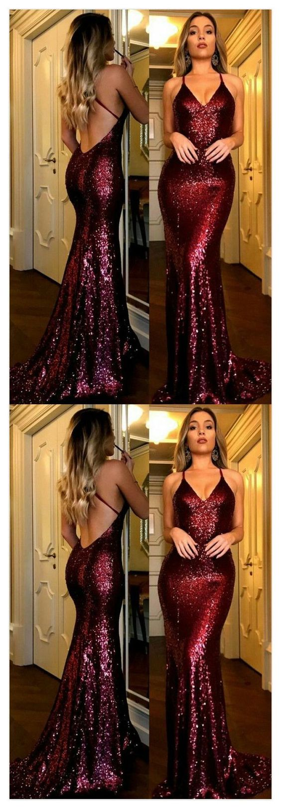 Sexy Halter V-Neck Open Back Sequined Burgundy Prom Dresses Long Evening Gowns cg15963