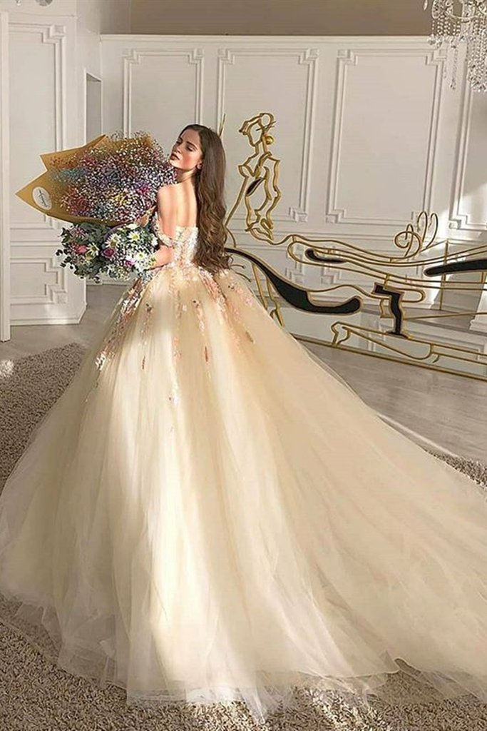 Gorgeous Off Shoulder Champagne Lace Floral Prom Dress cg17990