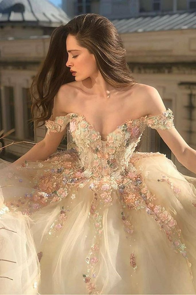Gorgeous Off Shoulder Champagne Lace Floral Prom Dress cg17990