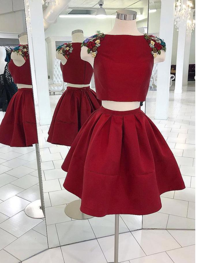 Two Pieces A-line Short Dresses With Beading Burgundy Homecoming Dress cg1879