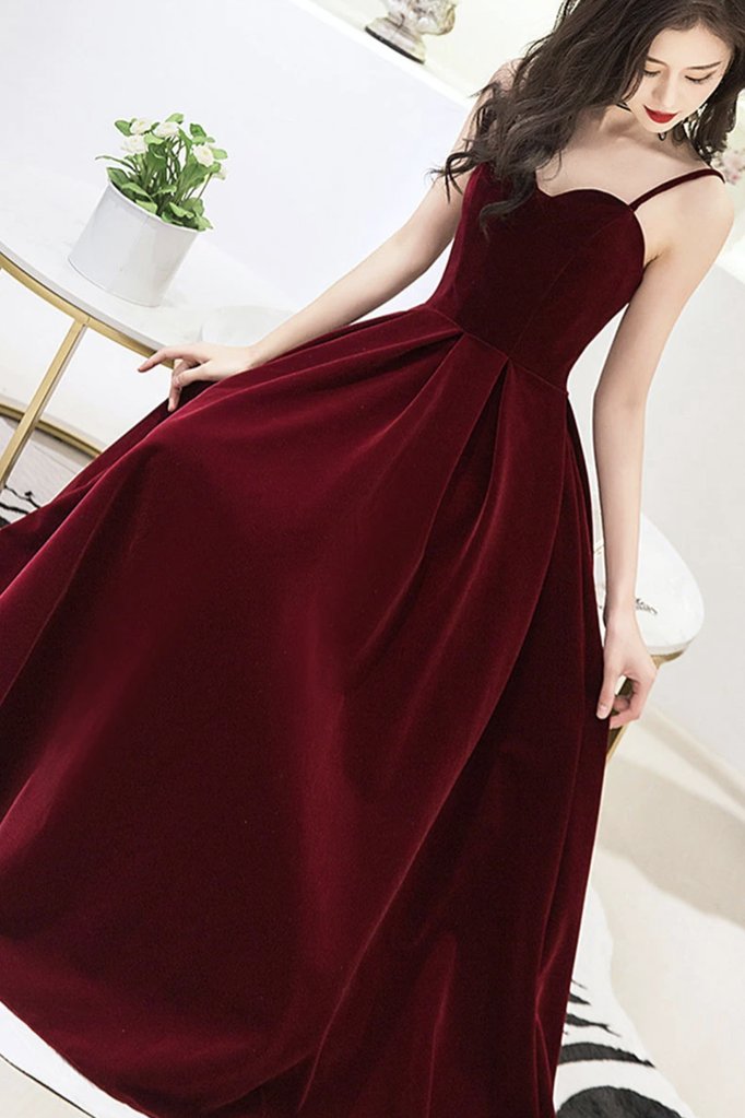 Wine Red Velvet Straps V-Neckline Party Dress, Long Burgundy Prom Dress Evening Dress cg19160