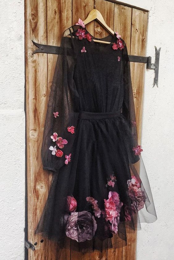 Cute Black Tulle Round Neck Short homecoming Dress, Homecoming Dress With Flower cg1984