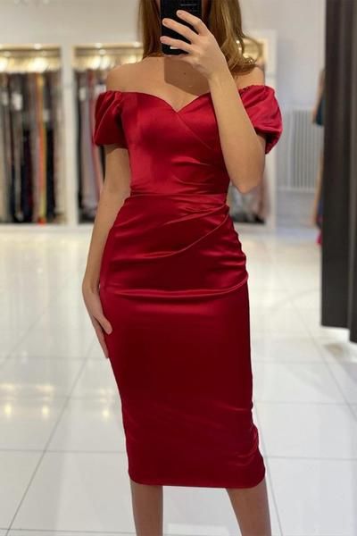 Off the Shoulder Mermaid Tea Length Burgundy Prom Dress cg20624