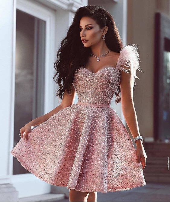 Sweetheart Pink Beaded Short homecoming Dress with Feathers, Cutest Pink Dresses for Homecoming cg214