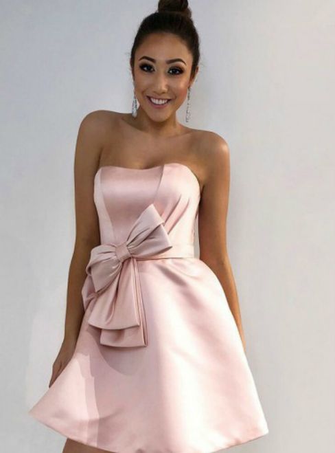 A-Line Strapless Pink Satin Homecoming Dress with Bowknot cg22982