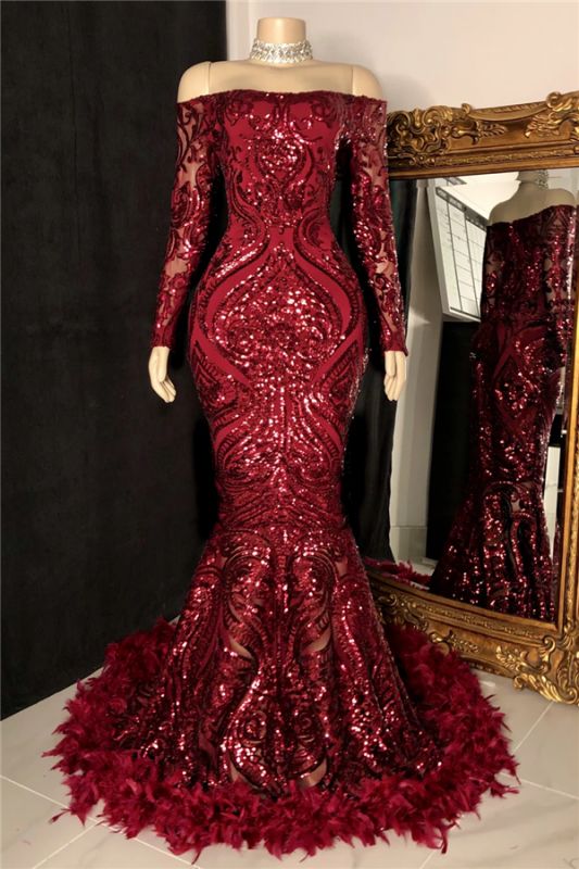 Off The Shoulder Burgundy Prom Dresses with Feather Long Sleeve Sparkle Lace Mermaid Evening Gowns cg24347