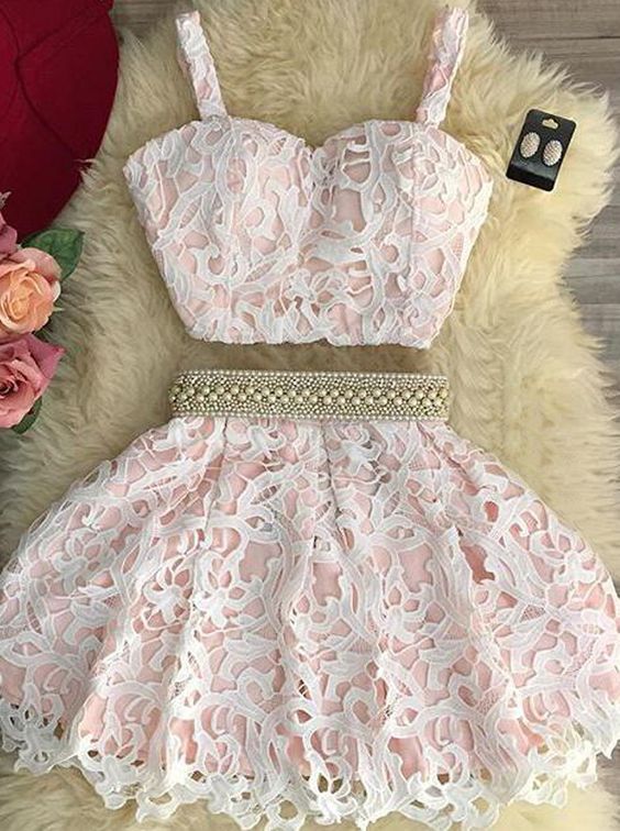 Cute pink two pieces lace short homecoming dress, pink homecoming dress cg244