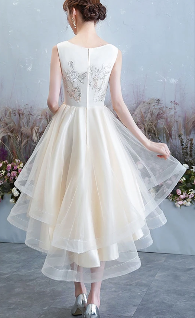 CHAMPAGNE TULLE LACE HIGH LOW DRESS, HOMECOMING DRESS cg2748