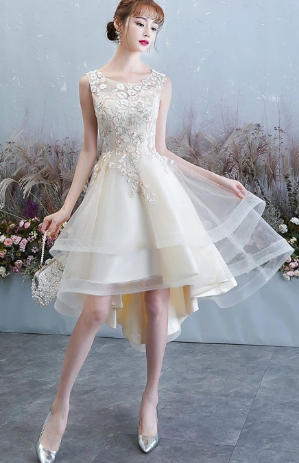 CHAMPAGNE TULLE LACE HIGH LOW DRESS, HOMECOMING DRESS cg2748