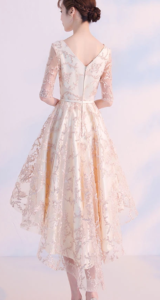 CHAMPAGNE LACE HIGH LOW DRESS, LACE EVENING homecoming DRESS cg2749