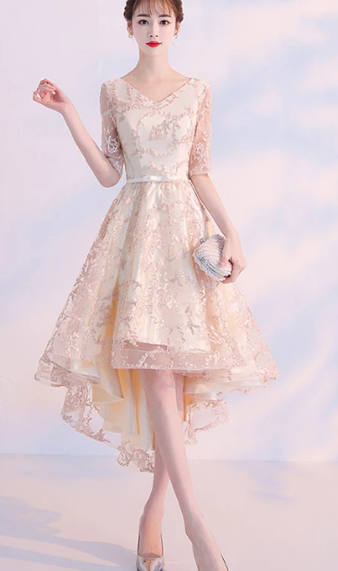 CHAMPAGNE LACE HIGH LOW DRESS, LACE EVENING homecoming DRESS cg2749