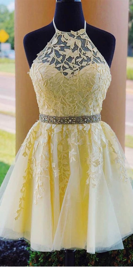 Halter Appliqued Yellow Homecoming Dress Short Dress with Beading Belt cg2787