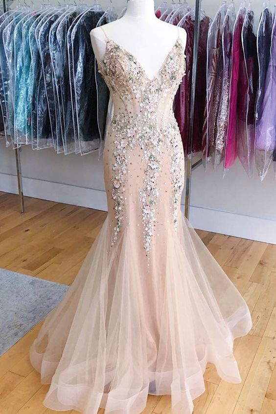 Champagne v neck tulle beads mermaid long prom dress, formal dress cg2810