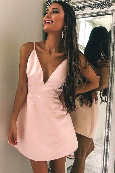 Simple Pink V Neck Homecoming Dress, Satin Short Homecoming Dress cg2850
