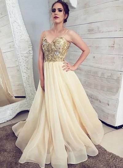 Princess Tulle Champagne Spaghetti Straps Long Prom Dress, Evening Dress cg3004