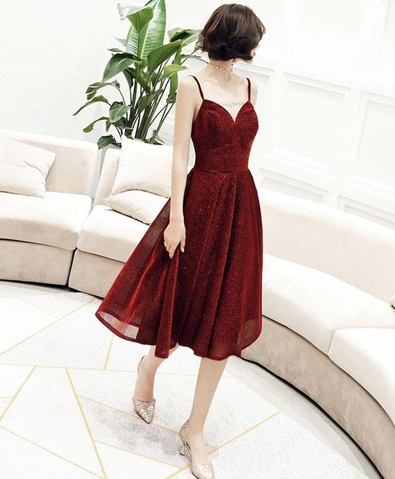 Simple v neck tulle sequin short dress, burgundy homecoming dress cg3146