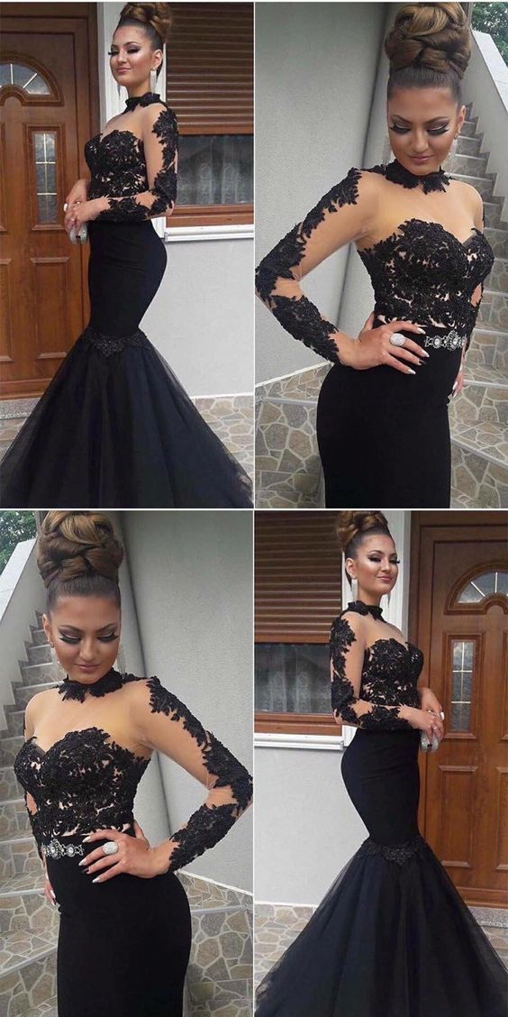 long sleeves mermaid evening dress, elegant black long prom dress, lace appliques formal dress cg3257