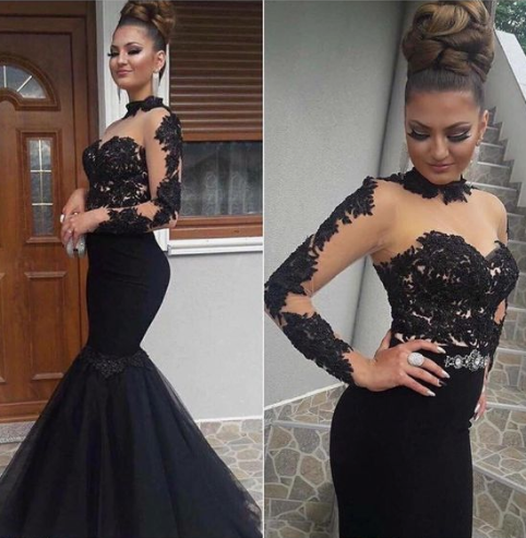 long sleeves mermaid evening dress, elegant black long prom dress, lace appliques formal dress cg3257