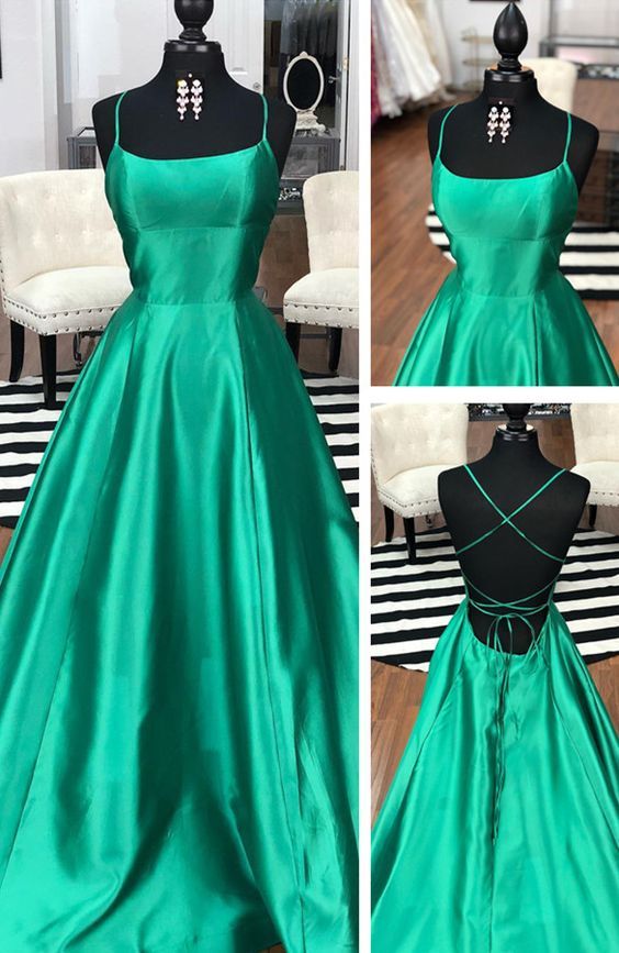 Simple A-Line Scoop Neck Cross Back Green Satin Long Prom Dresses,Evening Party Dresses cg3392