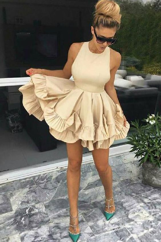 A-Line Party Dress, Champagne Homecoming Dress, Sleeveless Homecoming Dress cg342