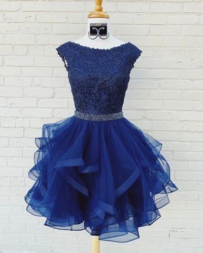 Elegant Tulle Navy Short Ruffles Homecoming Dress, Appliques Dress cg3497