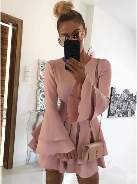 A-Line Crew Bell Sleeves Short Blush Homecoming Dress with Pleats cg3550