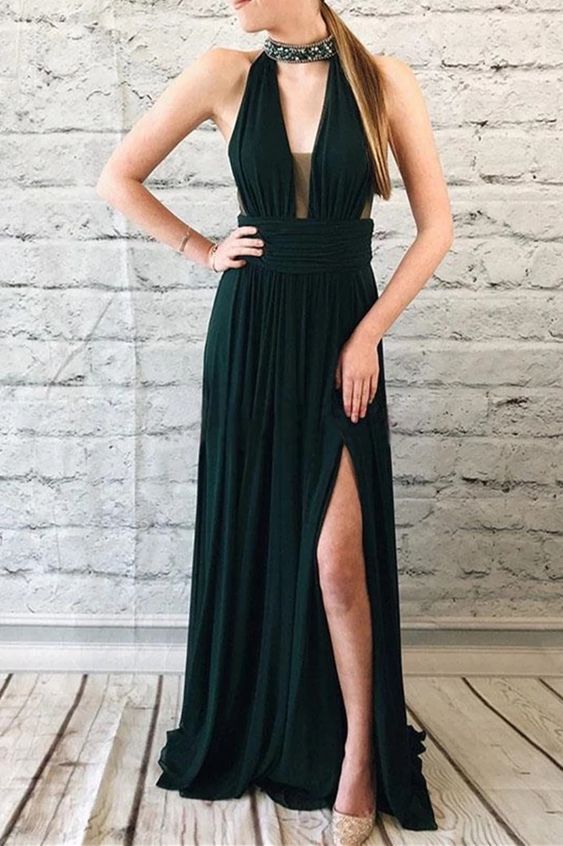 Beading Halter Chiffon Long Prom Dress, Split Keyhole Formal Evening Dress cg3572