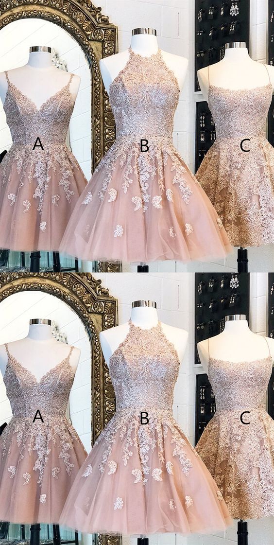 Spaghetti Straps Short Champagne Homecoming Dress with Appliques cg3625