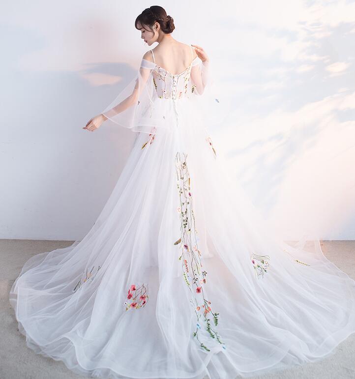 Beautiful White Tulle Long Party prom Dress With Flower Lace Applique, White Evening Gown cg3914