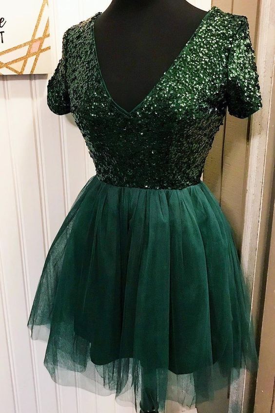 Sexy Sparkly Tulle Dark Green Homecoming Dress with Short Sleeve cg3922