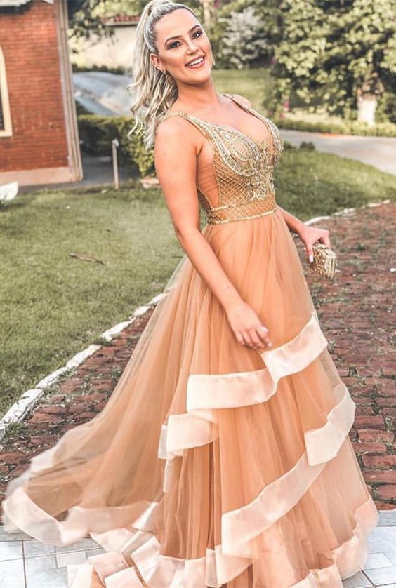 2019 Gorgeous Gold Long Prom Dress with Ruffles cg4006
