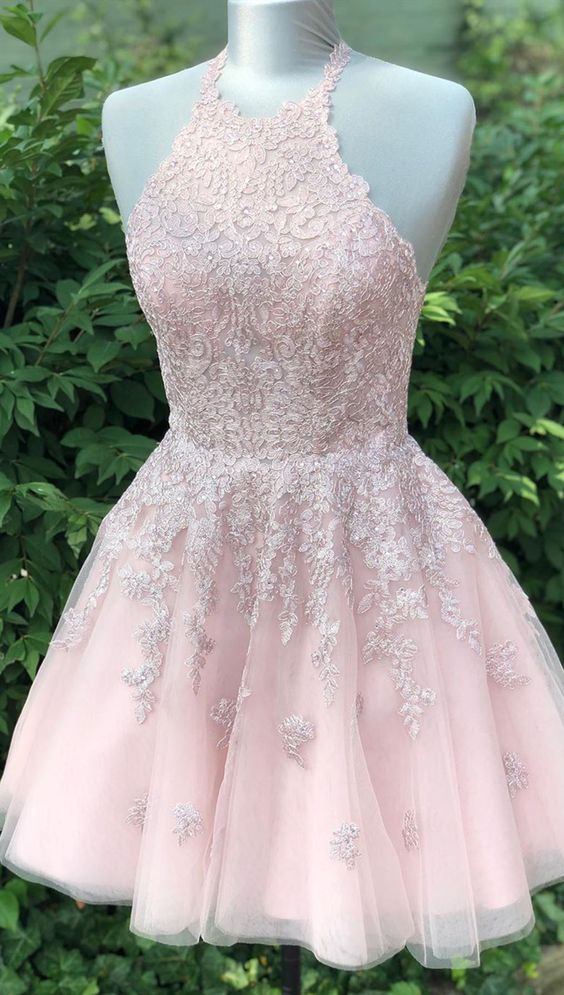 Formal short homecoming dresses for teens, pink lace homecoming dresses, halter senior dresses cg4092