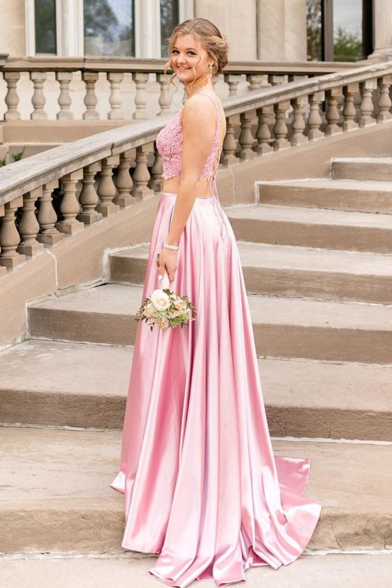 Princess Two Piece Pink Long Prom Dresses, Formal Dress Pink cg4389