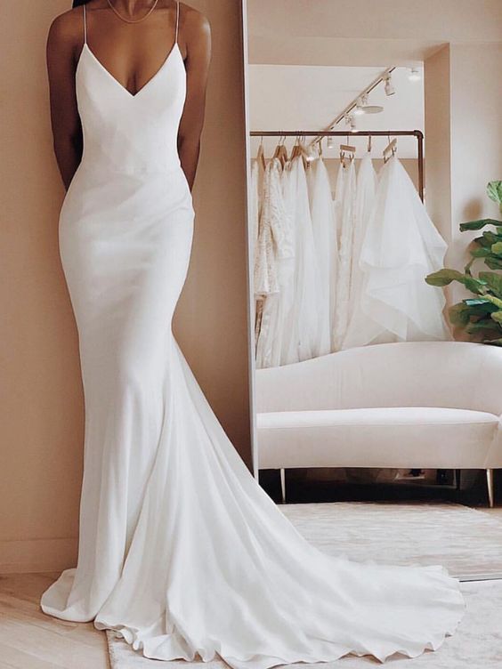 Long Ivory Satin Spaghetti Strap V-Neck Mermaid Formal prom Dress With Sweep Train cg4407