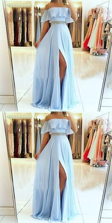A line off shoulder split front blue chiffon prom dress with beading belt cg446
