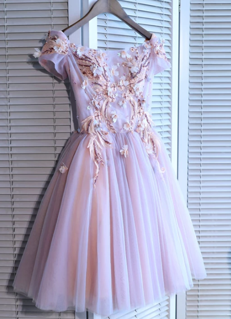 Pink tulle sequins short homecoming dress, pink evening dress cg4718