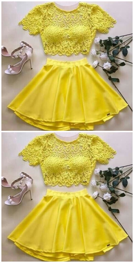 yellow two piece homecoming dress cg4809
