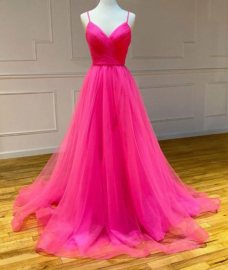 Simple pink tulle long prom dress pink tulle formal dress cg7816