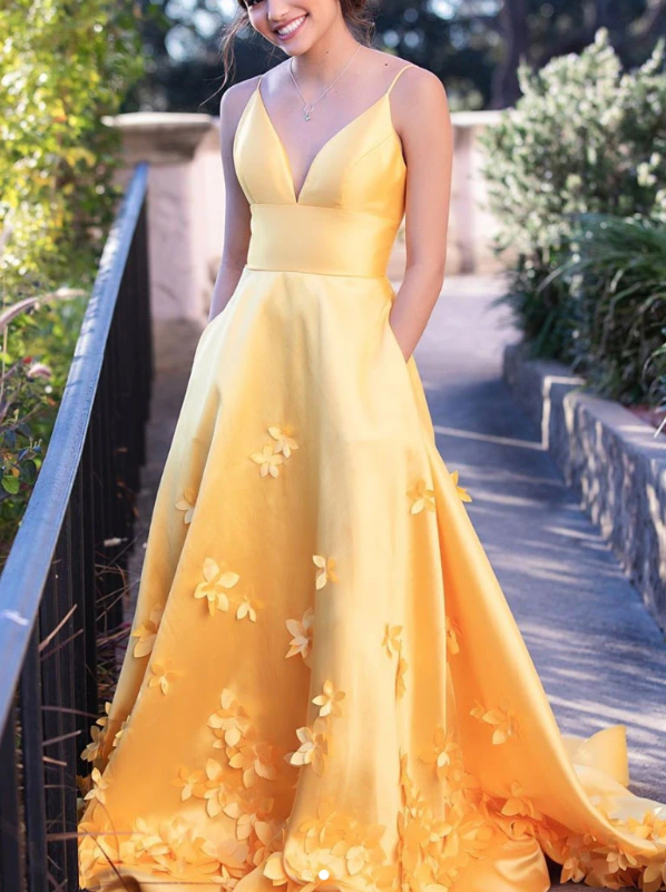 Yellow satin long prom dress yellow evening dress cg7825