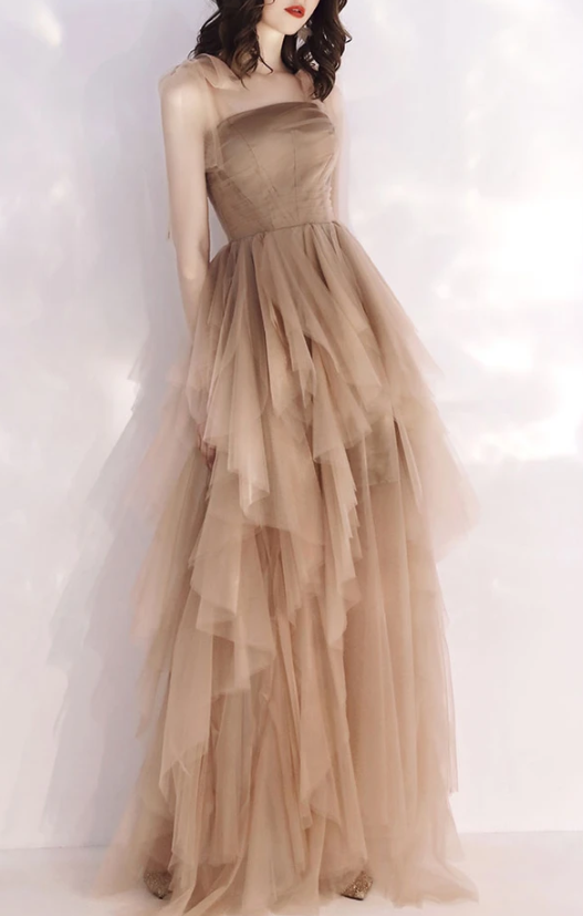 CHAMPAGNE TULLE LONG PROM DRESS TULLE FORMAL DRESS cg7830
