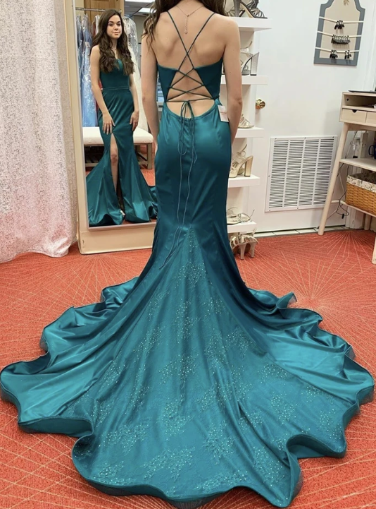 Mermaid satin lace long prom dress formal dress cg7857