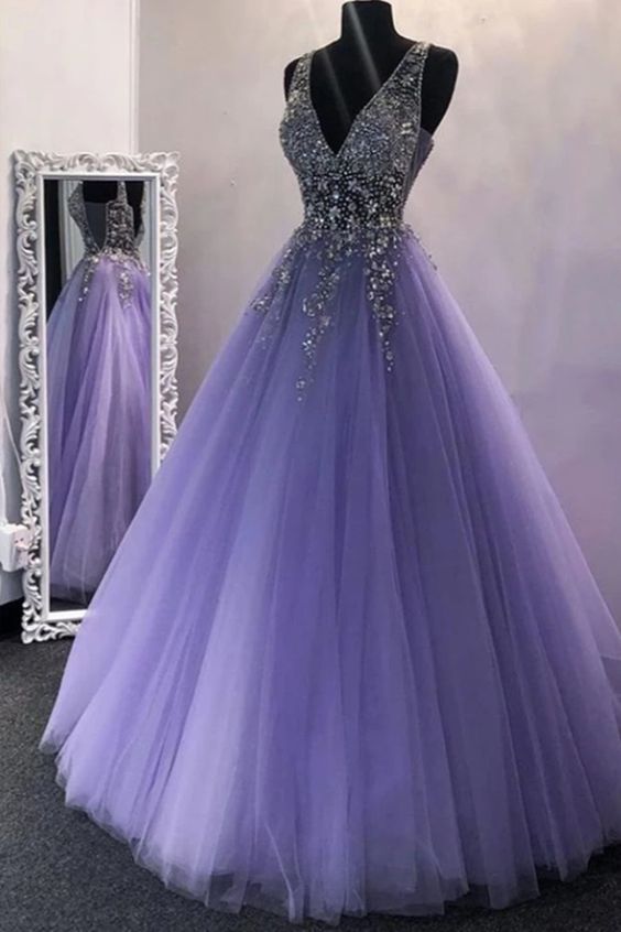 A Line V Neck Purple Beaded Long Prom Dresses, V Neck Backless Purple Long Formal Evening Dresses cg7897