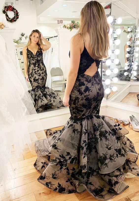 black lace long prom dress, mermaid evening dress cg7924