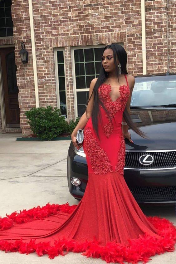 Unique Red Halter Sleeveless Mermaid Sweep Train Prom Dresses cg7930