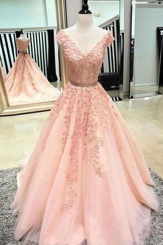 Tulle Appliques A-Line V-Neck Prom Dresses WIth Court Train cg7937